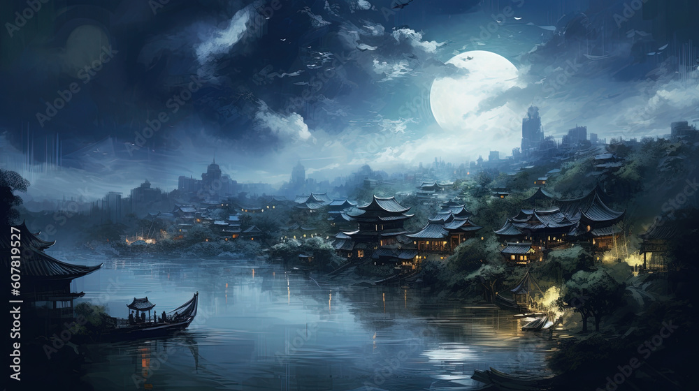 Village ancient china. The dewdrops sparkling in the moonlight illustration