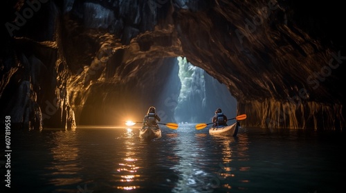 Silhouette of man kayaking on lake kayaks at night in the cave. Ai Generative