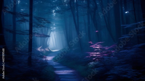 Mysterious foggy forest at night with a path leading to the light. Generative ai