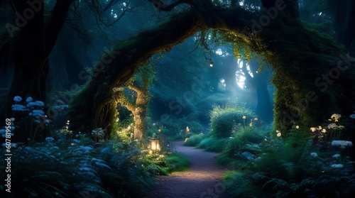 Garden at night with a path leading through an arch of trees. Generative ai