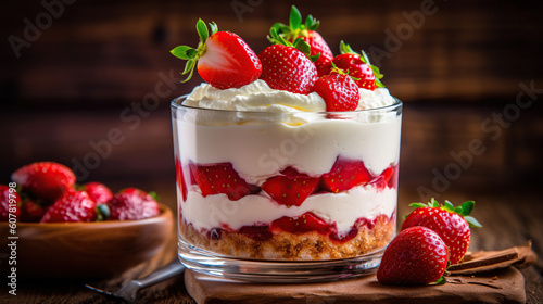 Trifle or cheesecake with strawberry on wood table. Generative Ai
