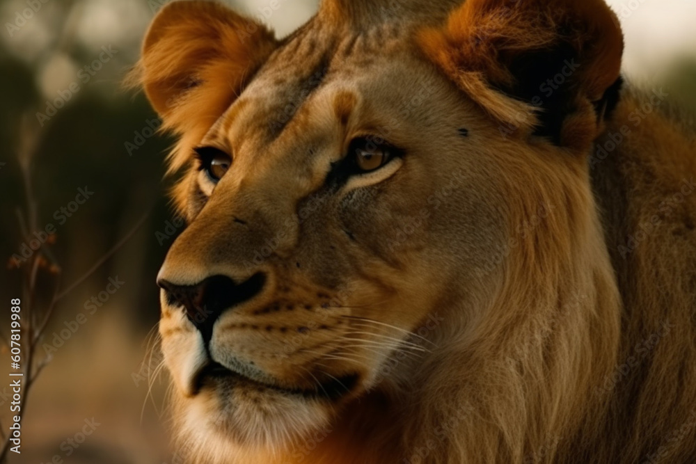 Naklejka premium Close-up of a lion cub's face. Portrait of the king of beasts. generated ai