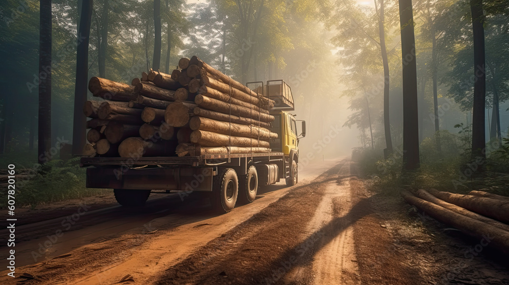 timber carrier, Log stacks along forest road Generative AI
