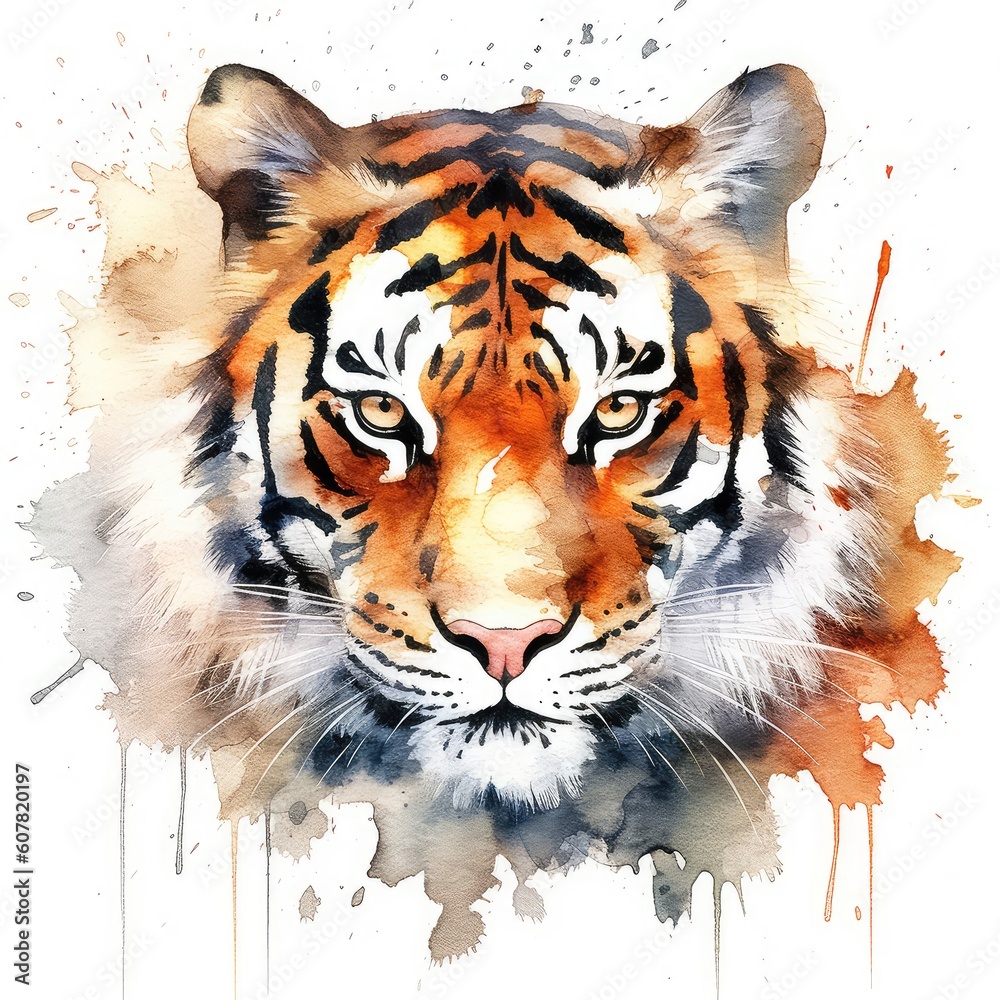 Tiger portrait watercolor on white background.