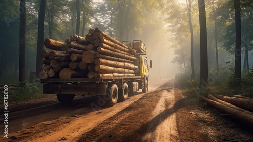 timber carrier, Log stacks along forest road Generative AI
