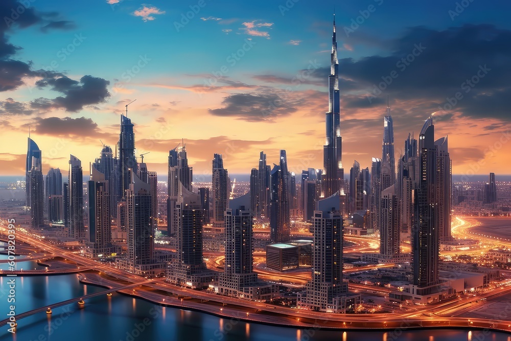 Obraz premium Dubai skyline at dusk, UAE. Dubai skyline at dusk create incredible panoramas, UAE.