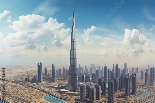 Dubai picture style, art. Cityscape: A panoramic view of Dubai's skyline, captured from a distance.