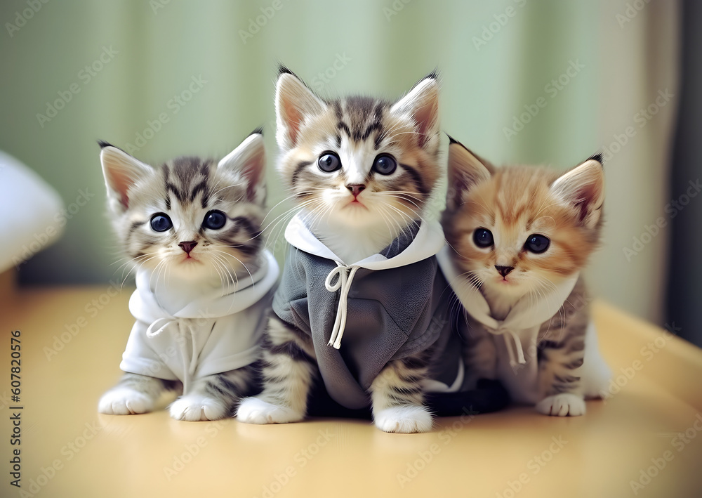 Group of kittens with cute clothing. AI generated