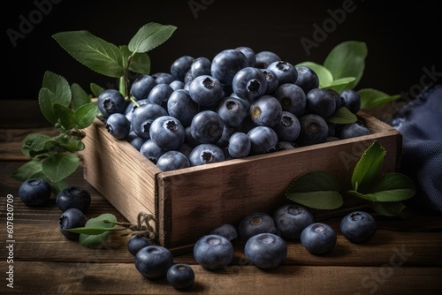 Blueberries in wooden box on table, abstract background. Generative AI
