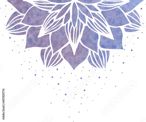 Fototapeta Naklejka Na Ścianę i Meble -  Decorative element - stylized lilac blue flower and splatter or pollen, floral mandala pattern for decorating background and designing cards, invitations