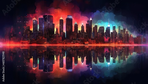 night city by the river glowing with colorful neon lights under a midnight sky full of stars.