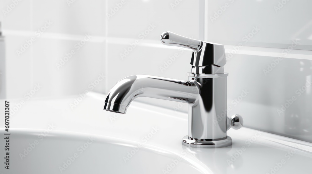 Close-up silver tap in white minimal bathroom washbasin with decorations. Generative AI. Close-up silver tap in white minimal bathroom washbasin with decorations. Generative AI.