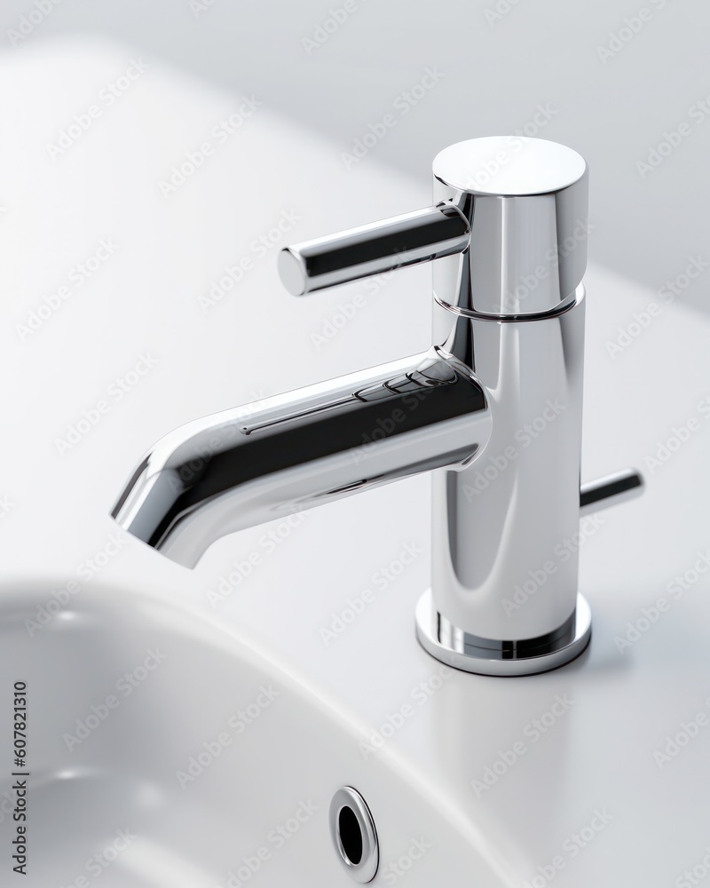 Close-up silver tap in white minimal bathroom washbasin with decorations. Generative AI. Close-up silver tap in white minimal bathroom washbasin with decorations. Generative AI.