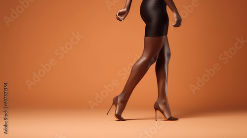 Attractive, long legs of young black woman wearing seductive lingerie posing in a sensual way.Sexy black female legs.Legs of a woman in high heels in black tights on a orange background.Generative AI