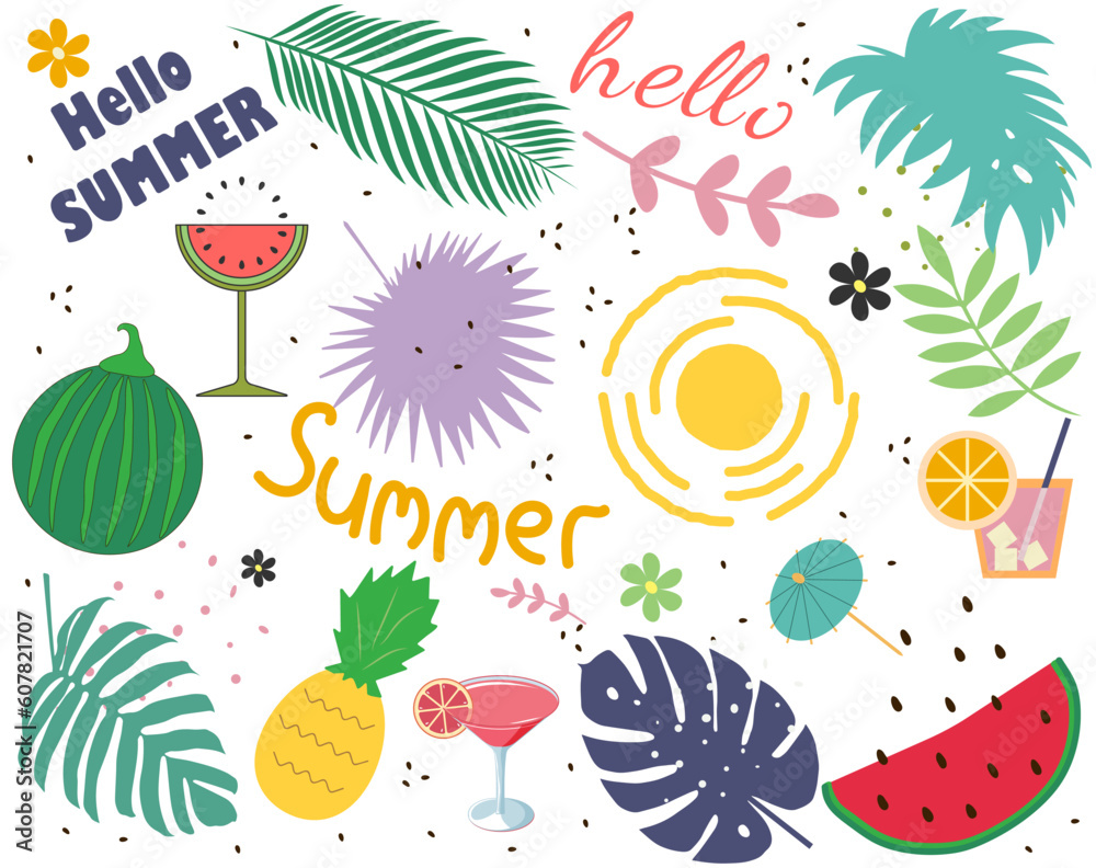 Summer set of elements. Watermelon, pineapple, cocktail, sun. Hello summer. Vector illustration.