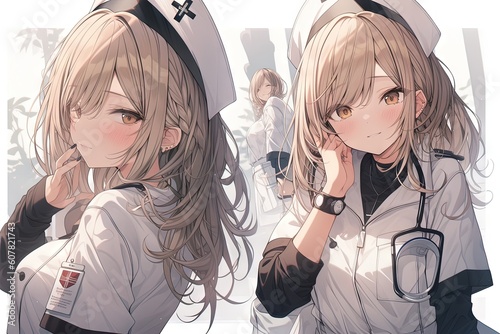 Talented nurse anime girl who works in a bustling city hospital, facing daily challenges with grace and resilience manga style illustration generative ai