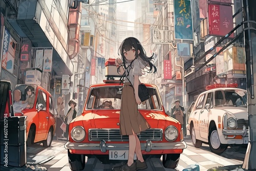 Explore the bustling streets of a retro - futuristic city through the eyes of a determined taxi driver anime girl, manga style illustration generative ai