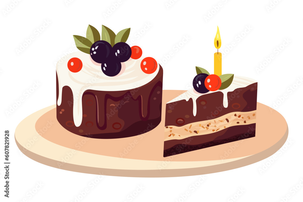 Chocolate cake with berries. Piece of cake with a candle. Chocolate cake with berries. Piece of cake with a candle.