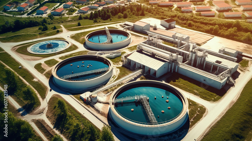Aerial view of wastewater treatment plant, filtration of dirty or sewage water. Generative Ai