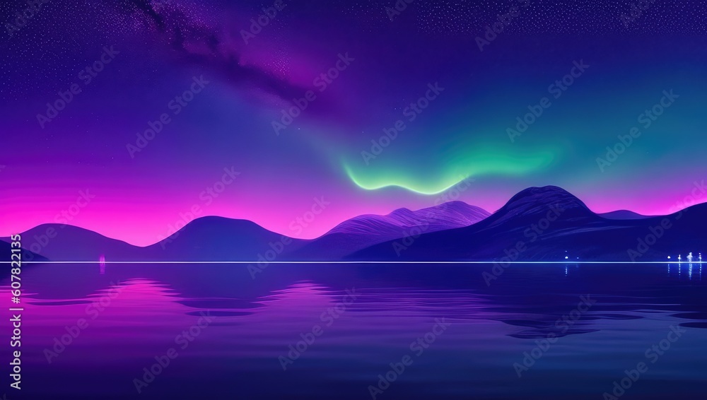 Fantastic neon panoramic view on sea, mountains, sky with stars and northern lights. Long exposure, reflections on the water. Generative AI Fantastic neon panoramic view on sea, mountains, sky with stars and northern lights. Long exposure, reflections on the water. Generative AI