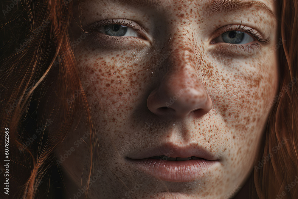 Close up of young woman with freckles, Generative AI Close up of young woman with freckles, Generative AI