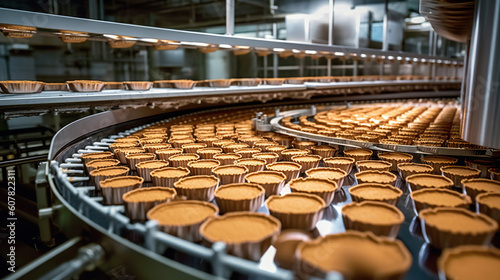 Fotografie, Obraz Cakes on automated round conveyor machine in bakery food factory, production line