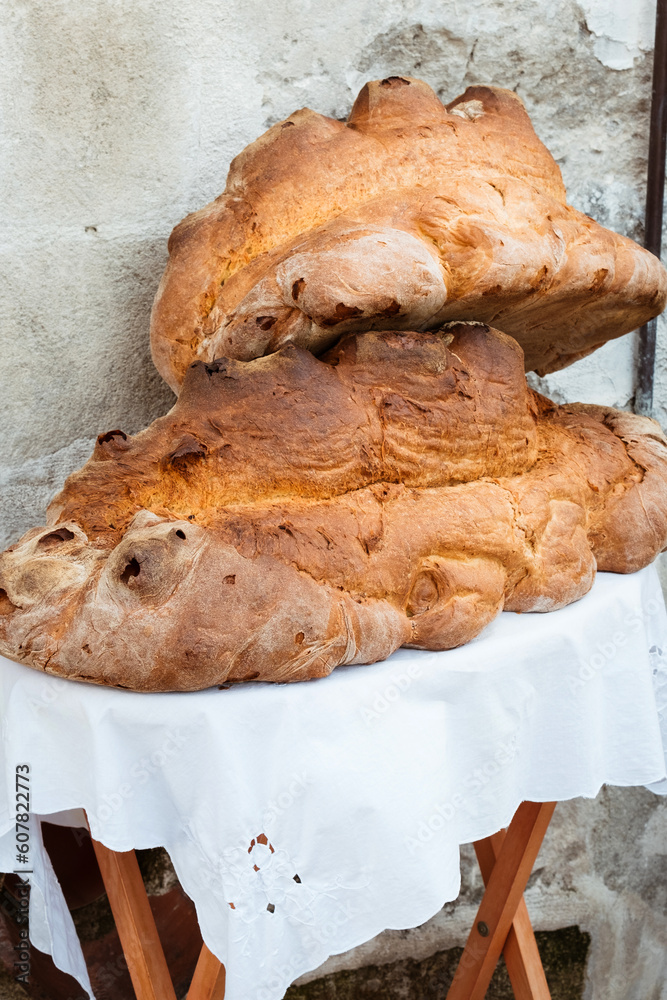 Traditional Basilicata Italy Pane di Materabread – huge loaf with a hard, dark brown crust and pale yellow crumb