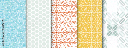 Set of minimal geometric seamless patterns, in different bright colors. Collection of backgrounds with abstract shapes of honeycomb, meshes, triangles and tangles