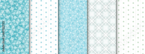 Set of minimal geometric seamless patterns, in bright cold blue and green colors. Collection of backgrounds with abstract shapes of flowers, meshes and tangles