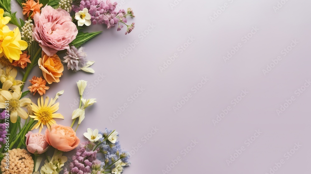 Floral garden decoration, illustration for product presentation template, copy space background. Ai generative