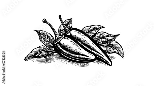 Hand drawn engraving style pepper chilli illustration set. Vintage hatching vector black image.