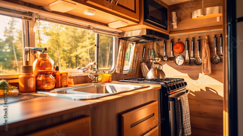 cozy kitchen interior in the trailer of mobile home or recreational vehicle, concept of family local travel in native country on caravan or camper van and camping life. Generative Ai photo