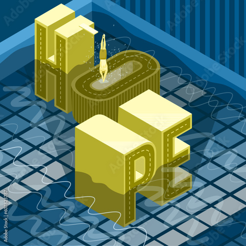 Vector isometric illustration of the word hope in blue shades with yellow swimmer.