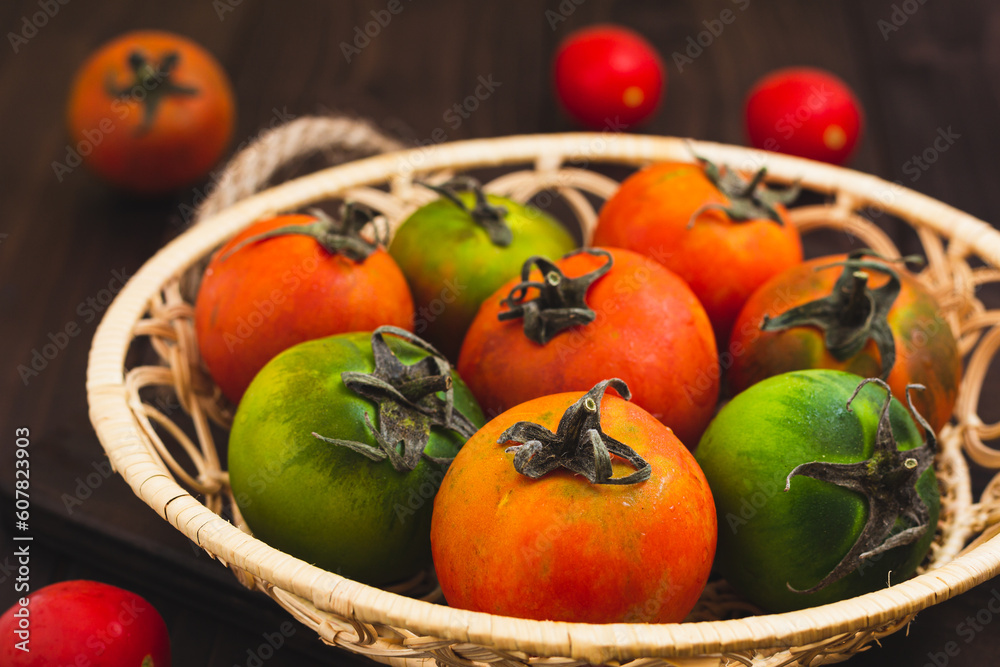 Still life of fresh colorful ripe fall or summer heirloom variety tomatoes in a basket on dark wooden background.