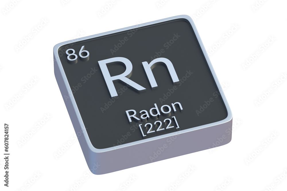 Radon Rn chemical element of periodic table isolated on white background. Metallic symbol of chemistry element. 3d render Radon Rn chemical element of periodic table isolated on white background. Metallic symbol of chemistry element. 3d render