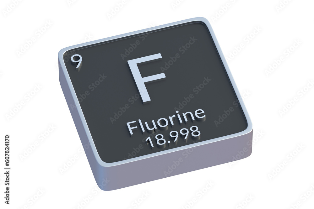 Fluorine F chemical element of periodic table isolated on white background. Metallic symbol of chemistry element. 3d render Fluorine F chemical element of periodic table isolated on white background. Metallic symbol of chemistry element. 3d render