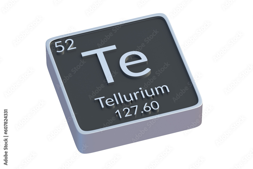 Tellurium Te chemical element of periodic table isolated on white background. Metallic symbol of chemistry element. 3d render Tellurium Te chemical element of periodic table isolated on white background. Metallic symbol of chemistry element. 3d render
