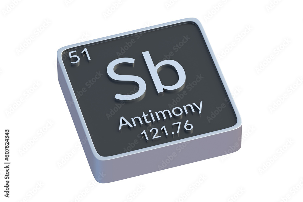 Antimony Sb chemical element of periodic table isolated on white background. Metallic symbol of chemistry element. 3d render Antimony Sb chemical element of periodic table isolated on white background. Metallic symbol of chemistry element. 3d render