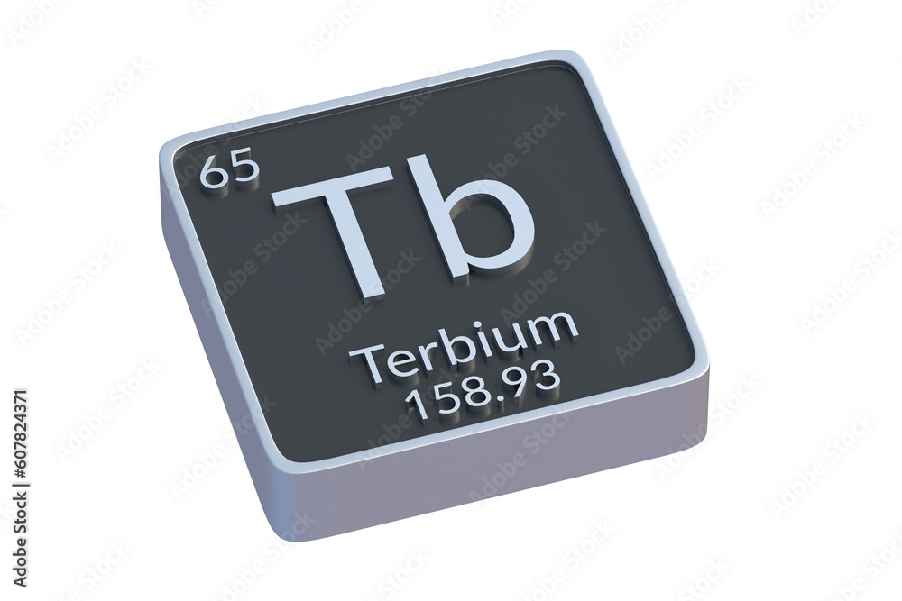Terbium Tb chemical element of periodic table isolated on white background. Metallic symbol of chemistry element. 3d render Terbium Tb chemical element of periodic table isolated on white background. Metallic symbol of chemistry element. 3d render