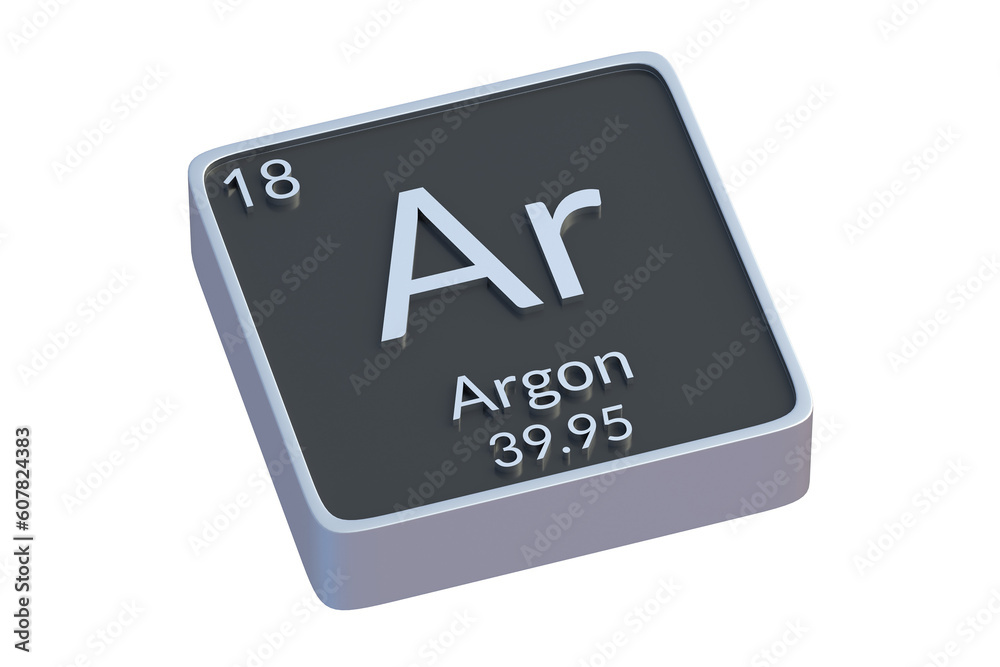 Argon Ar chemical element of periodic table isolated on white background. Metallic symbol of chemistry element. 3d render Argon Ar chemical element of periodic table isolated on white background. Metallic symbol of chemistry element. 3d render
