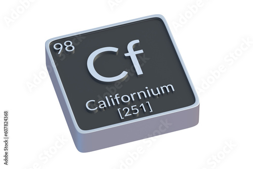 Californium Cf chemical element of periodic table isolated on white background. Metallic symbol of chemistry element. 3d render