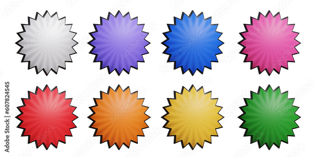 3D rendered set of colorful stickers in pop art style. Empty space for writing texts. 3D shapes. 3D rendered set of colorful stickers in pop art style. Empty space for writing texts. 3D shapes.