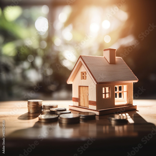 House model and coins on wooden table with bokeh background, Saving money for buy a house concept. © D-stock photo