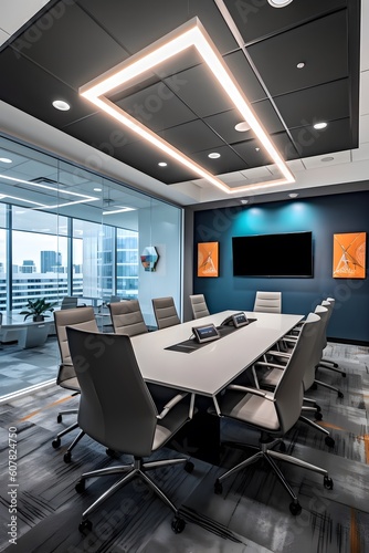 The contemporary office space, with its sleek design and state-of-the-art technology, provides an inspiring backdrop for innovation and collaboration