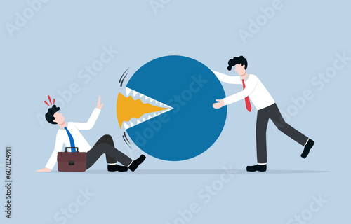 Market domination, beating competitor by conquering market share, business monopoly attempt concept, Businessman trying to dominate market share of competitor.