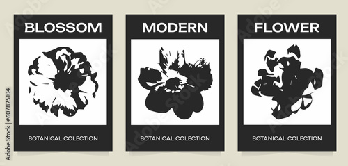 Collection of trendy minimalist aesthetic posters. Botanical silhouette art. Black flower on white background. Vector minimalism illustration. For printing, wall decor, prints, postcard.