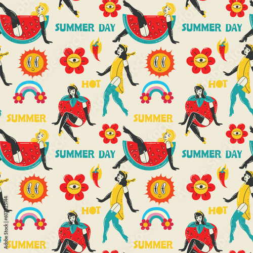 Retro Pin Up Girls Seamless Pattern. Background Wallpaper with summer girls with strawberry, banana and watermelon costume and sun, floower groovie stickers