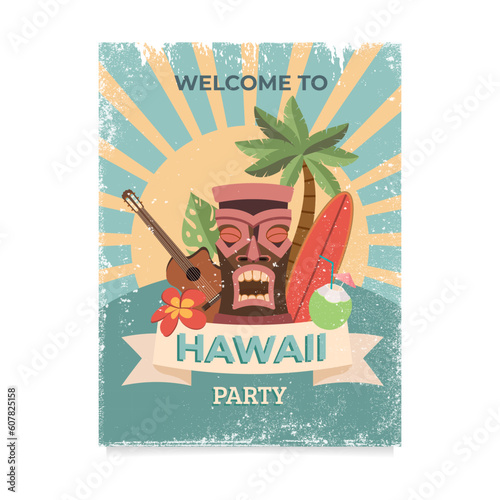 Design template of retro poster invitation for hawaiian party. Vector illustration