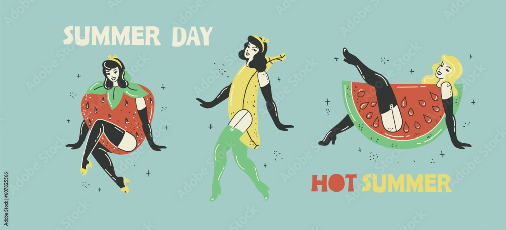 Obraz premium Beautiful young girl with fruits costume. Hot summer concept for advertising. Poster, sticker templates Vector background in in groovy pin-up pop art retro comic style.