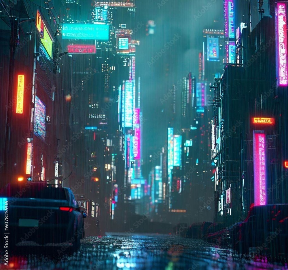 cyper city with cars and rain 